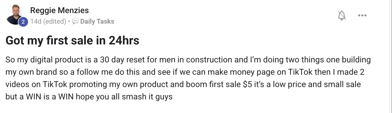 Original Skool community post from Reggie Menzies: Got my first sale in 24hrs